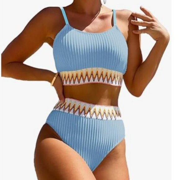 ZUVEBAMYO Medium Lt. Blue 2 Piece Ribbed Crop Top High Waisted Swimsuit Bikini - Picture 1 of 14